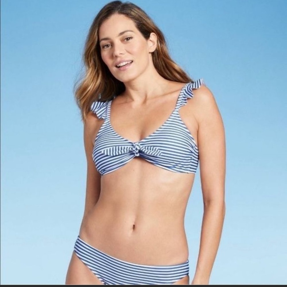 Kona Sol blue and white striped tie front ruffle bikini, size medium